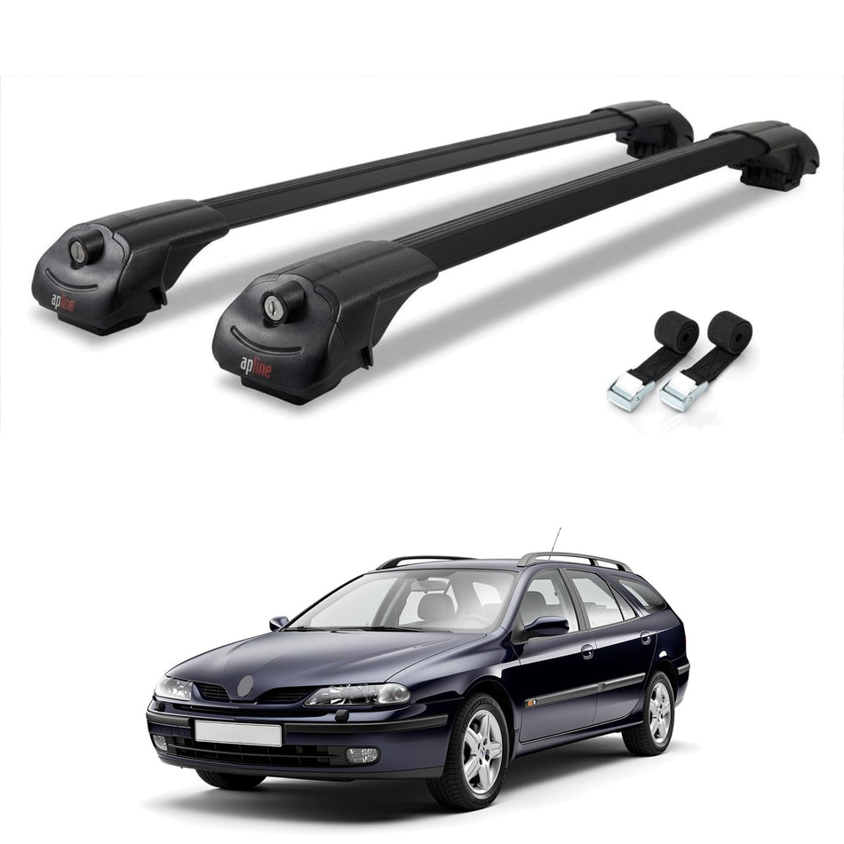 Roof Bars Compatible with Renault Laguna (X56) 1996-2000, Black, 2 Bars with Straps