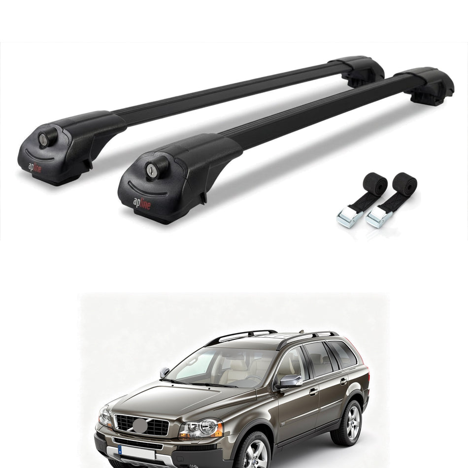 Roof Bars Compatible with Volvo XC90 2003-2014, Black, 2 Bars with Straps