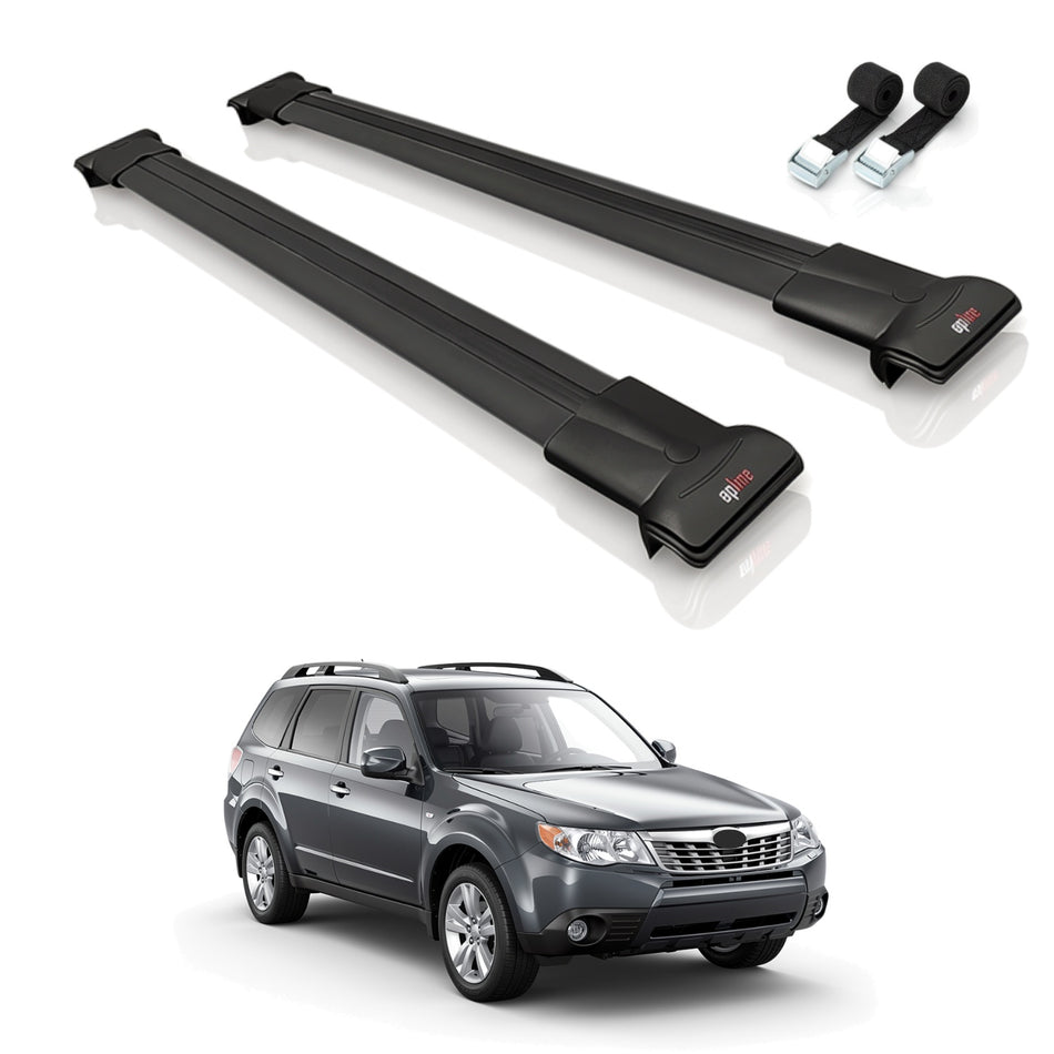 Roof Bars Compatible with Subaru Forester 3 (SH) 2008-2013, Black, 2 Bars with Straps