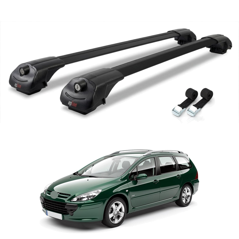 Roof Bars Compatible with Peugeot 307 SW 2002-2008, Black, 2 Bars with Straps