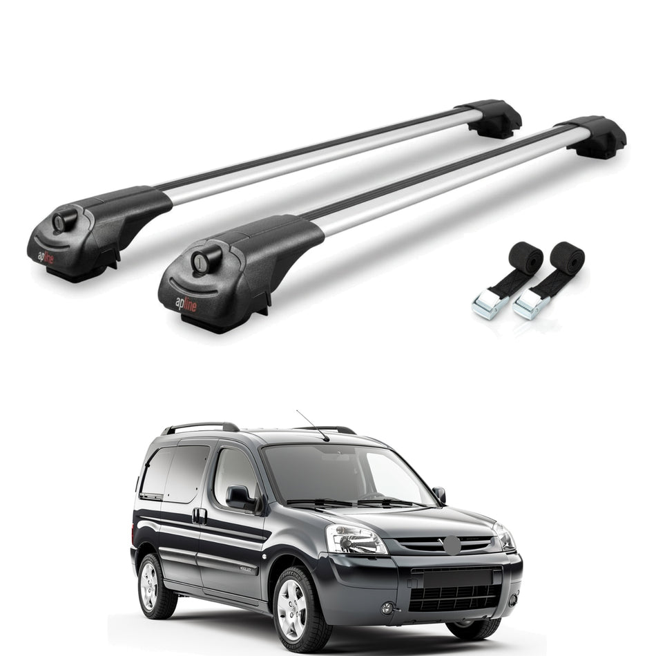 Roof Bars Compatible with Peugeot Partner Post-Facelift 2003-2008, Grey, 2 Bars with Straps.