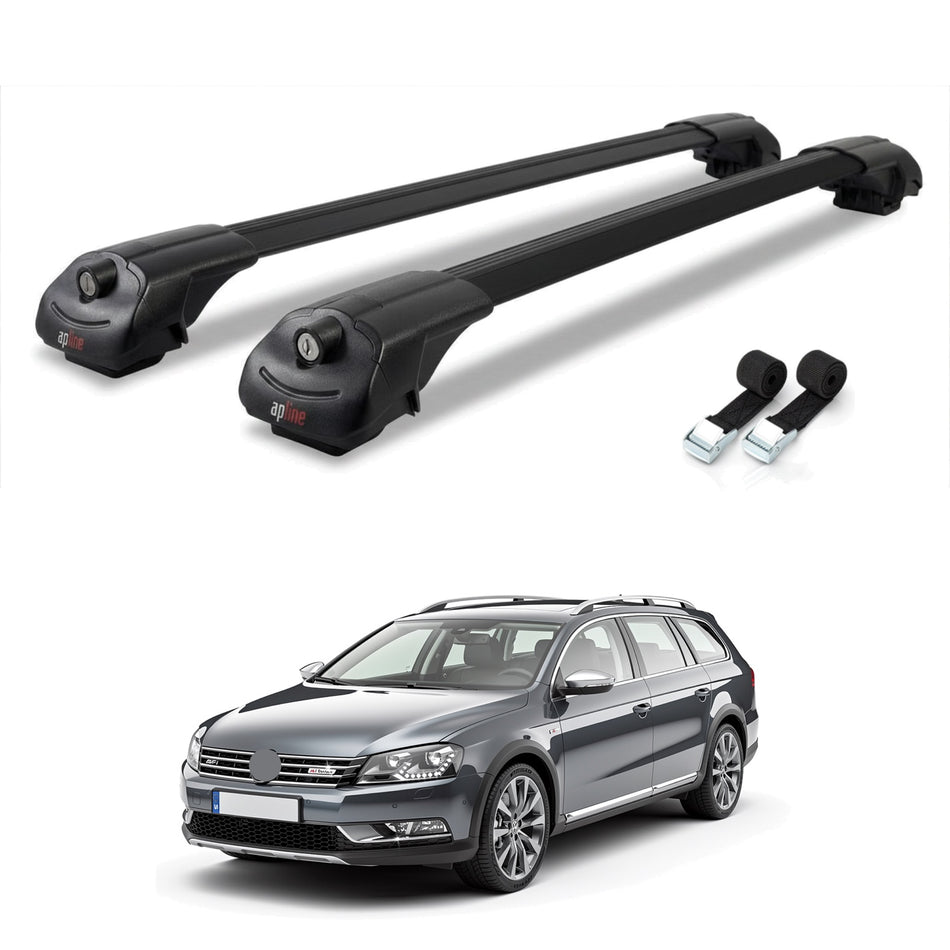 Roof Bars Compatible with Volkswagen Passat B7 (3C) Alltrack 2012-2014, Black, 2 Bars with Straps