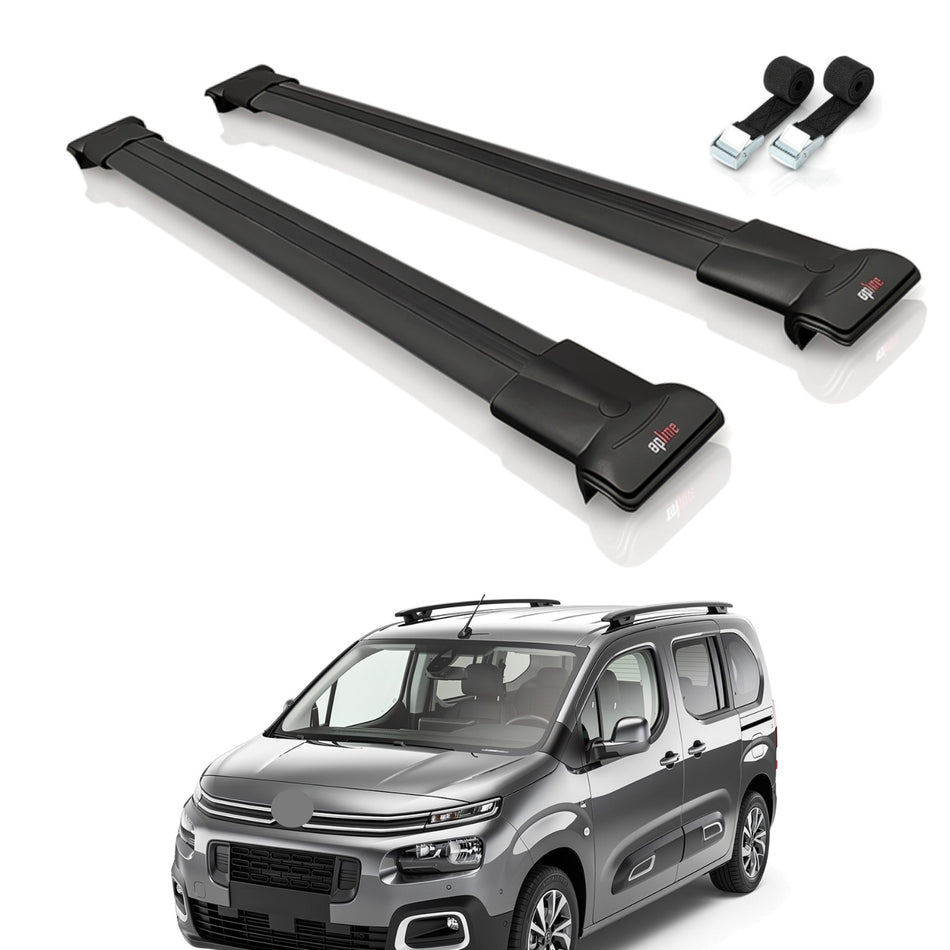 Roof Bars Compatible with Citroen Berlingo 3 (K9) 2019-2022, Black, 2 Bars with Straps