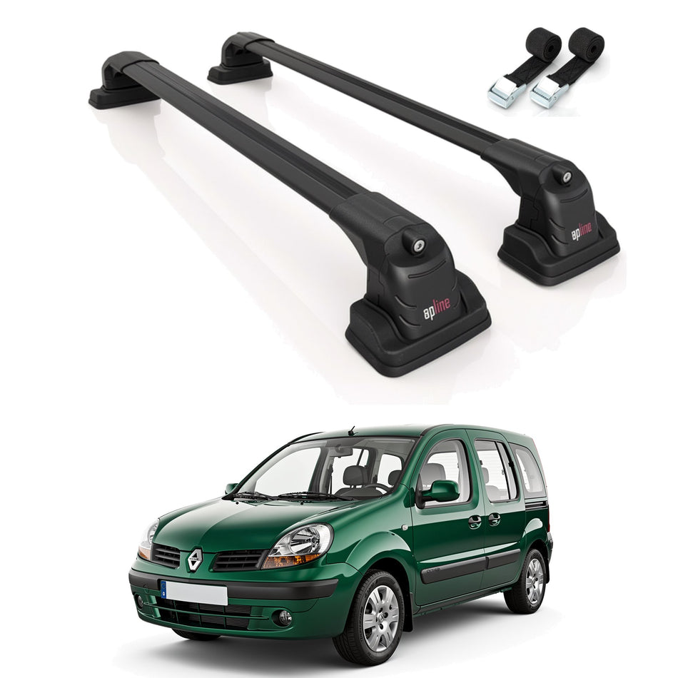 Roof Bars Compatible with Nissan Kubistar 1996-2007, Black, 2 Bars with Straps