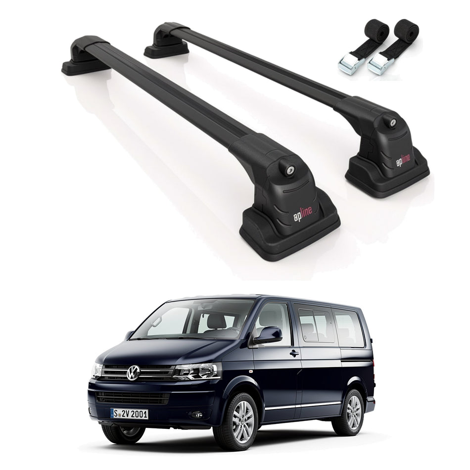 Roof Bars Compatible with Volkswagen Caravelle (T5) 2003-2015, Black, 2 Bars with Straps
