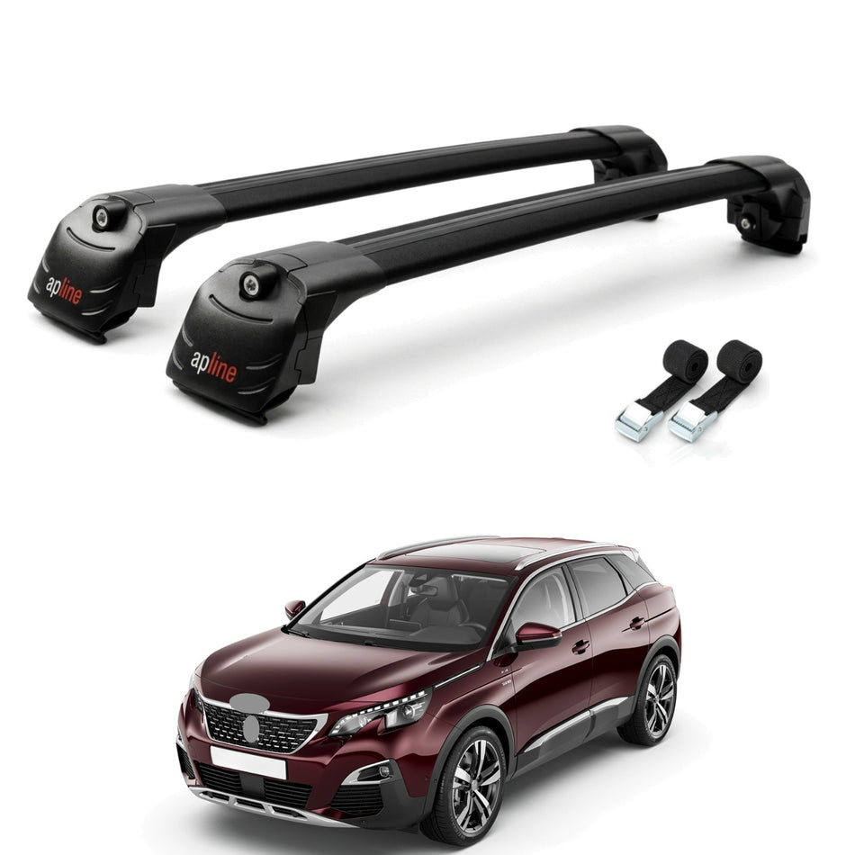Roof Bars Compatible with Peugeot 3008 II (P84) Post-Facelift 2021-2023, Black, 2 Bars with Straps