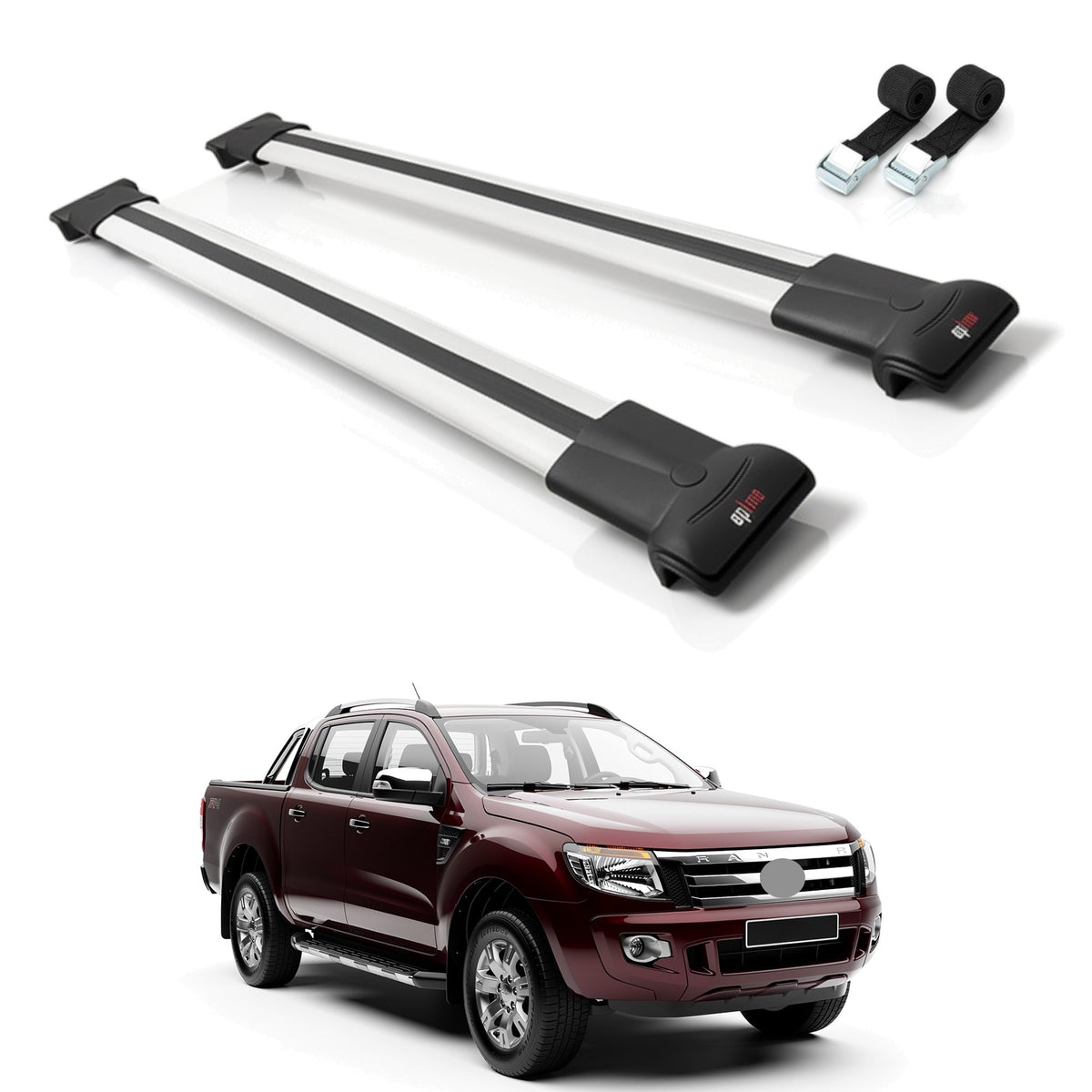 Roof Bars Compatible with Ford Ranger (P375) 2011-2022, Grey, 2 Bars with Straps