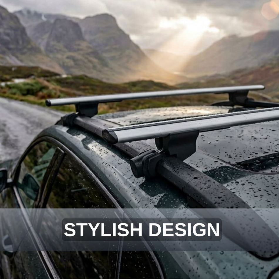 Roof Rack Cross Bars Compatible with Volvo V90 II Cross Country 2017-2025, For Flush Roof Rails, Grey, 2 Bars with Two Tie Down Straps